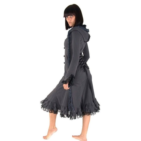 unbrabded Jackets & Blazers - Gothic Style Gray / Black Trim Midi Corst Style Coat Removable Hood Pockets XS